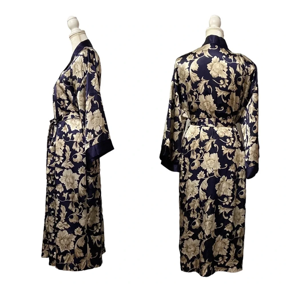 80’s VTG Adonna Kimono Satin Women’s Medium Floral Print Robe Navy Blue Romantic